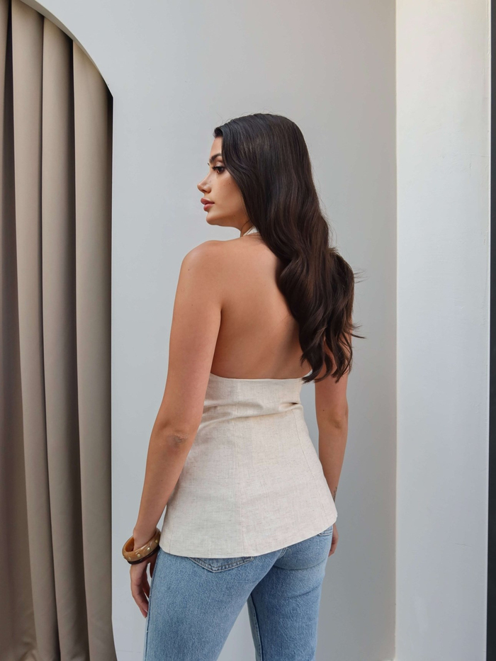 Halter Yaka Cep Görünümlü Keten Yelek