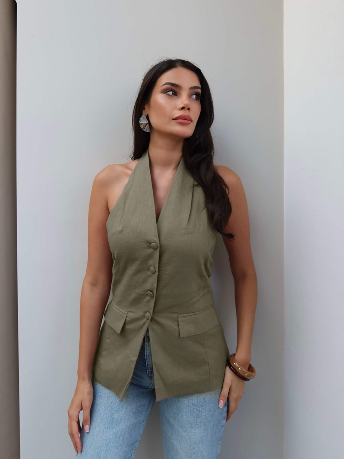 Halter Yaka Cep Görünümlü Keten Yelek