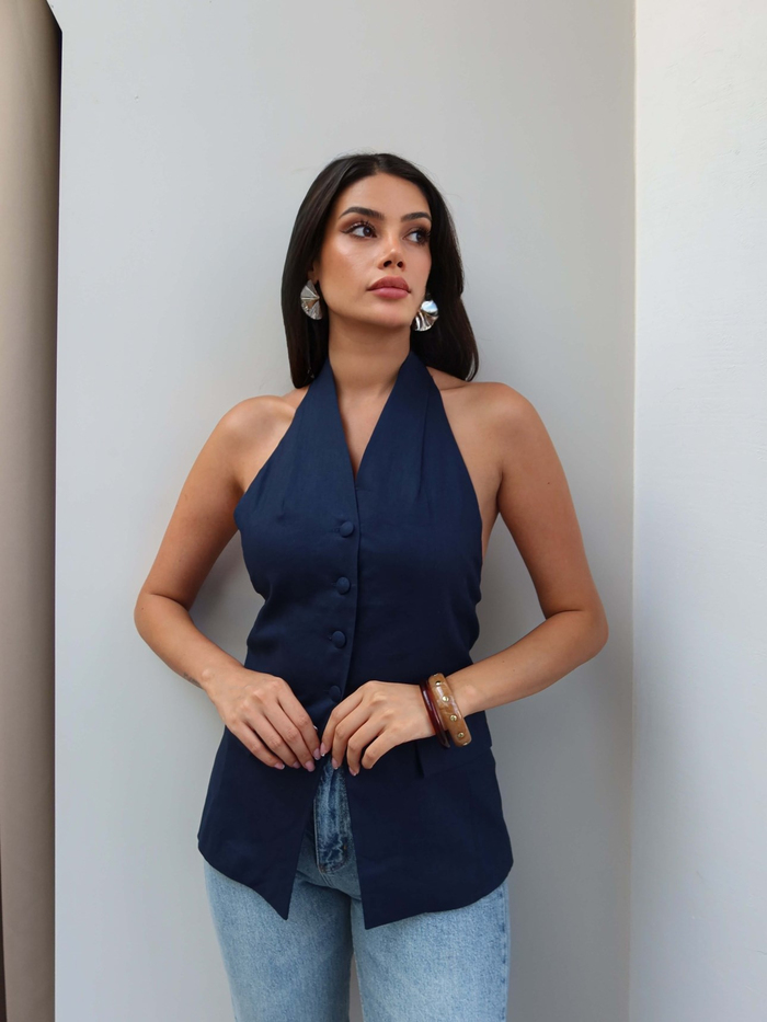 Halter Yaka Cep Görünümlü Keten Yelek