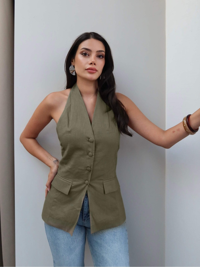 Halter Yaka Cep Görünümlü Keten Yelek