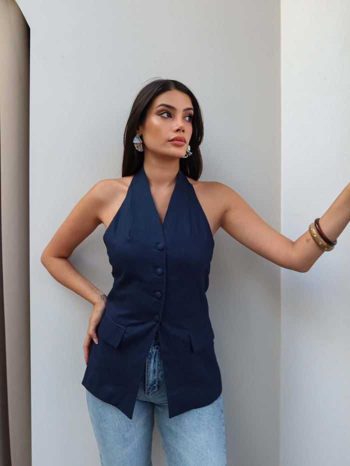 Halter Yaka Cep Görünümlü Keten Yelek