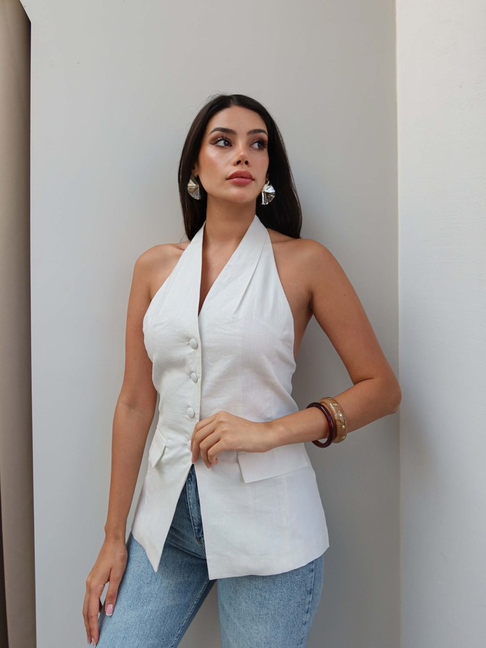 Halter Yaka Cep Görünümlü Keten Yelek