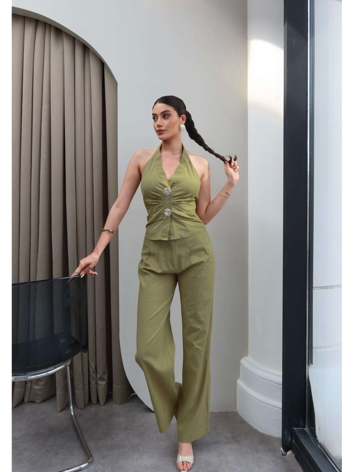 Halter Yaka Gold Aksesuarlı İkili Takım