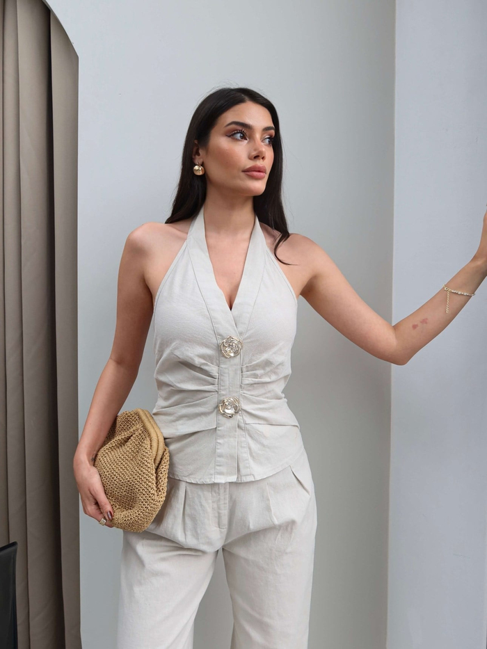 Halter Yaka Gold Aksesuarlı İkili Takım