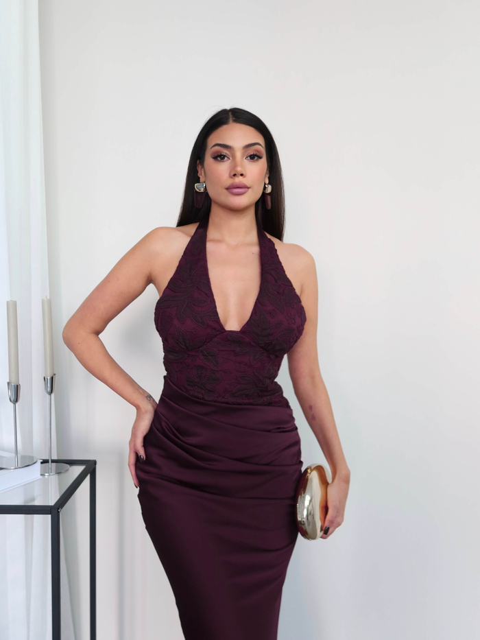 Halter Yaka Güpürlü Saten Elbise