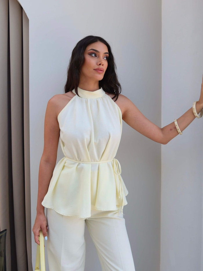 Halter Yaka Kuşaklı Bluz Pantolon Takım