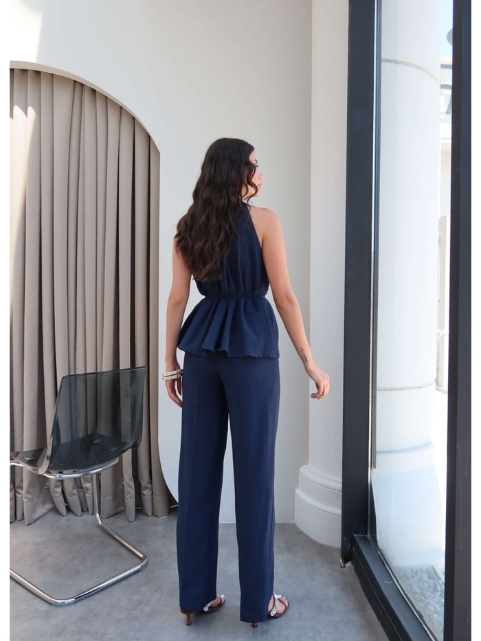 Halter Yaka Kuşaklı Bluz Pantolon Takım
