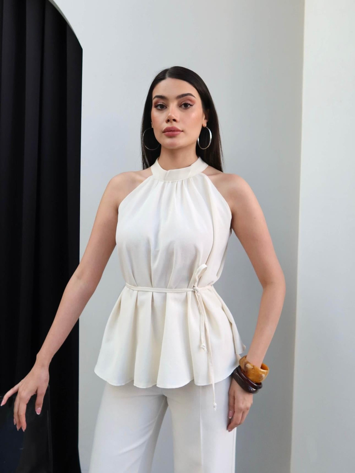 Halter Yaka Kuşaklı Bluz Pantolon Takım