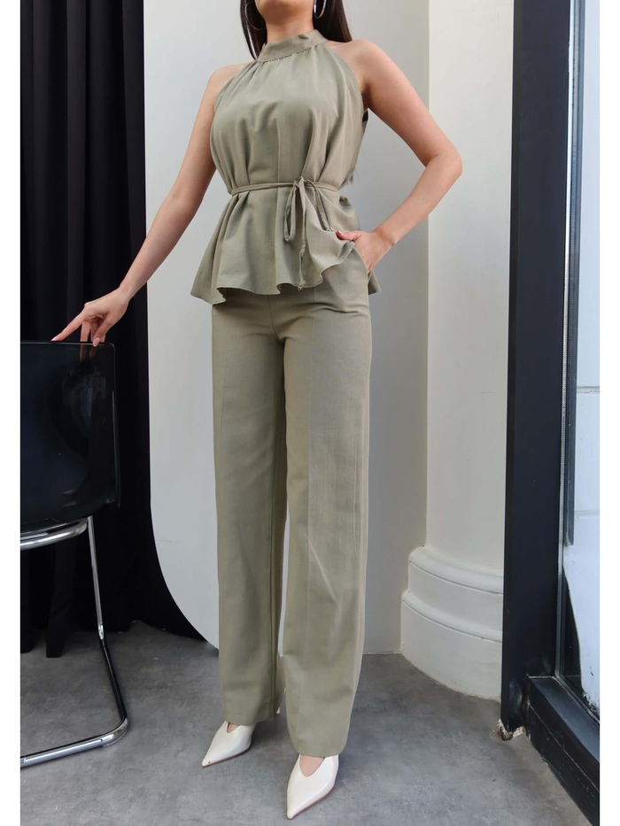 Halter Yaka Kuşaklı Bluz Pantolon Takım