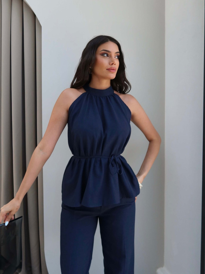 Halter Yaka Kuşaklı Bluz Pantolon Takım