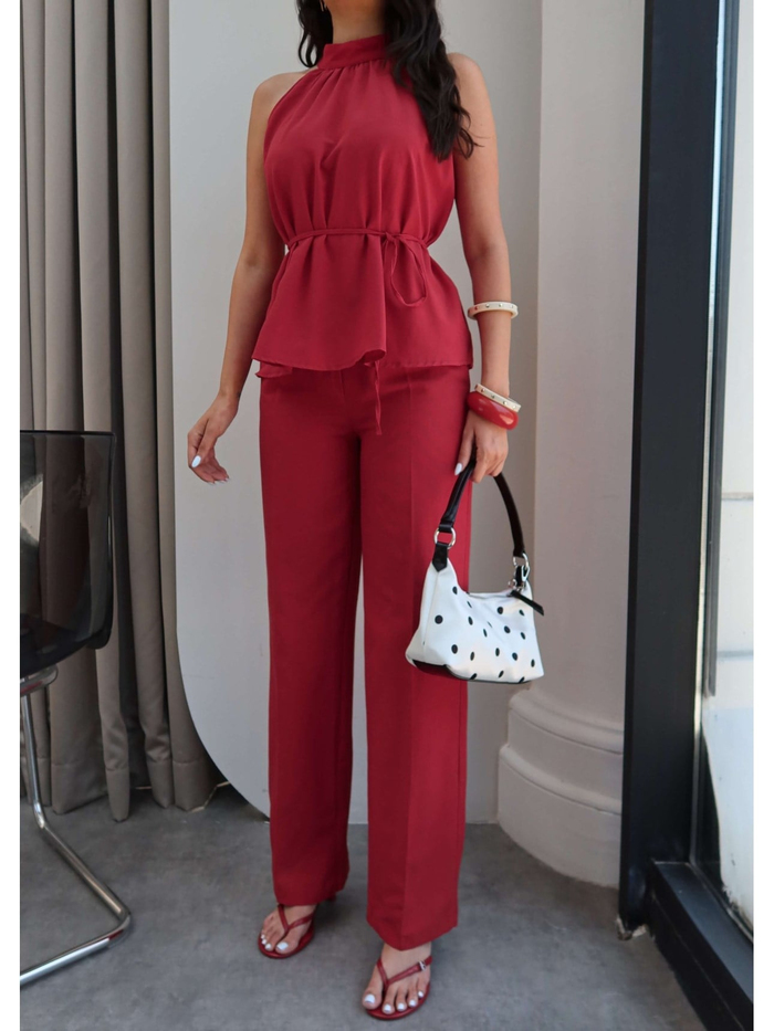 Halter Yaka Kuşaklı Bluz Pantolon Takım