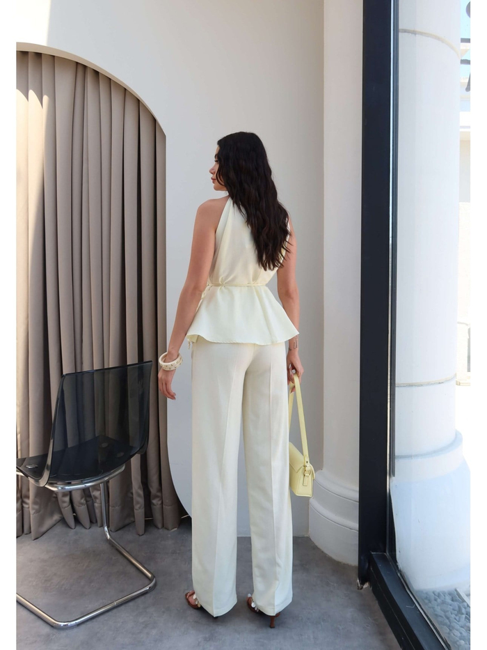 Halter Yaka Kuşaklı Bluz Pantolon Takım