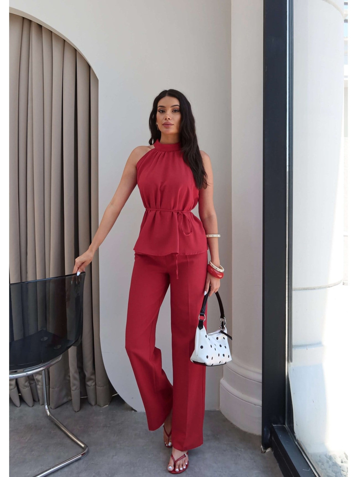 Halter Yaka Kuşaklı Bluz Pantolon Takım