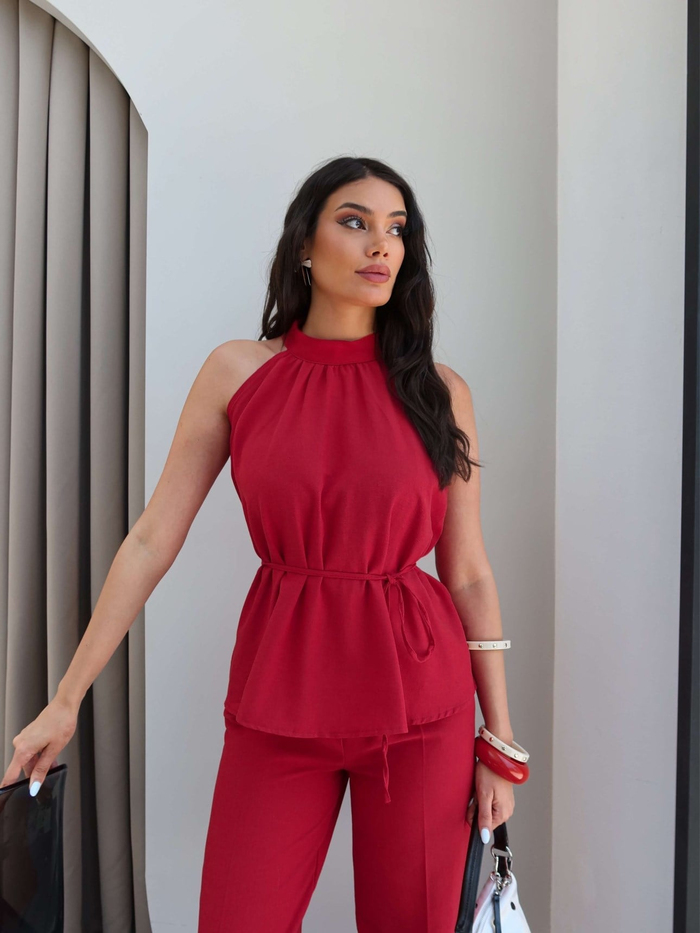 Halter Yaka Kuşaklı Bluz Pantolon Takım
