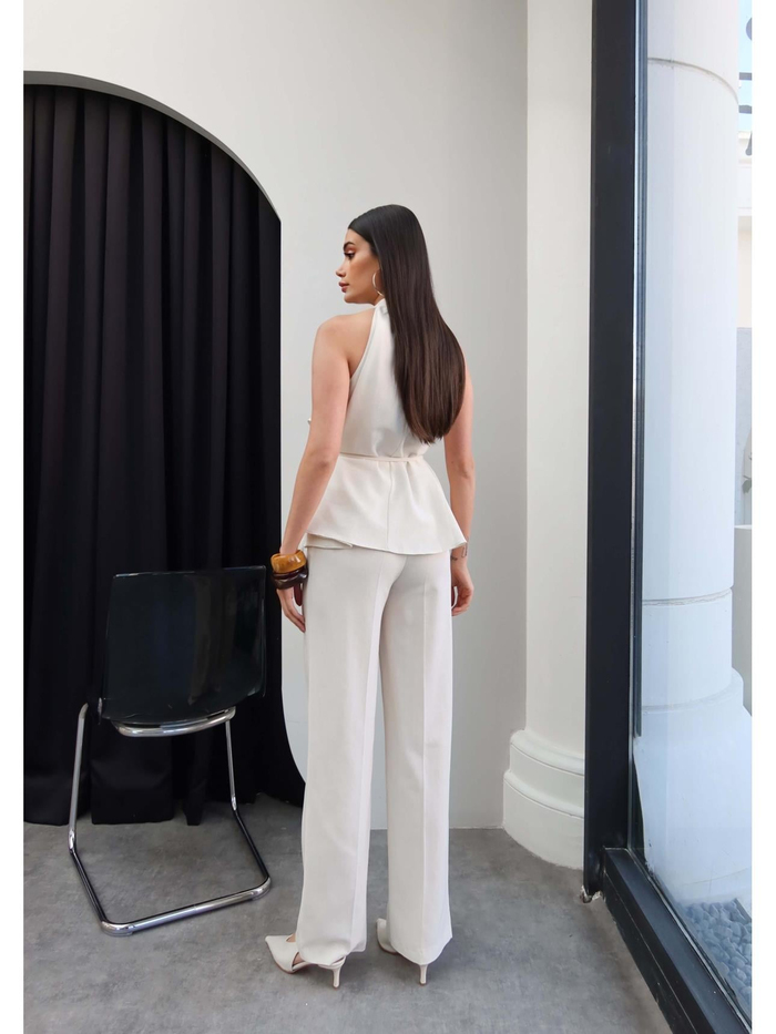 Halter Yaka Kuşaklı Bluz Pantolon Takım