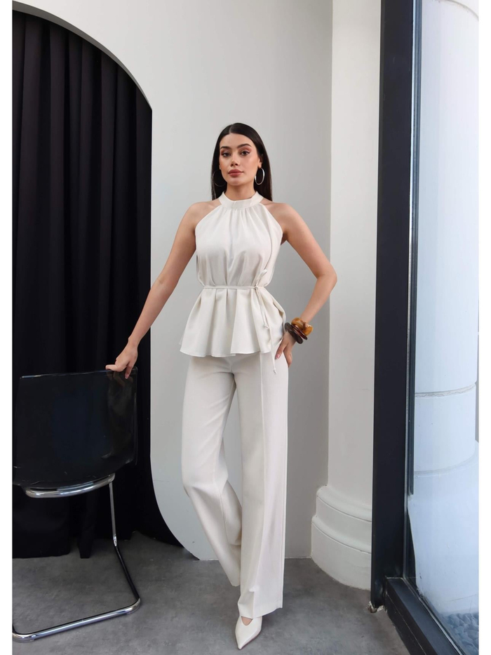 Halter Yaka Kuşaklı Bluz Pantolon Takım