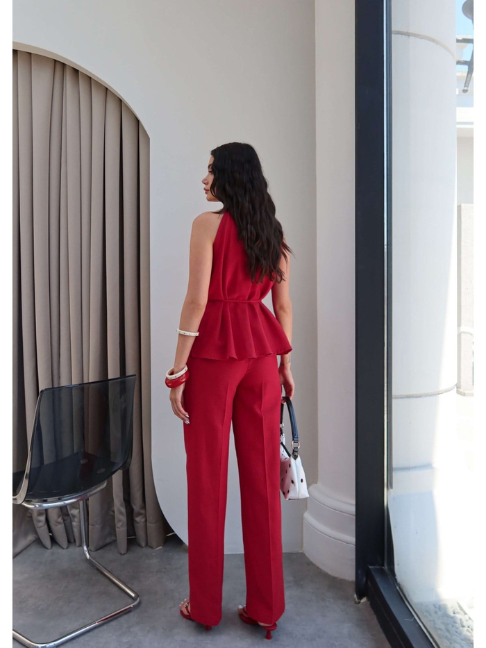 Halter Yaka Kuşaklı Bluz Pantolon Takım