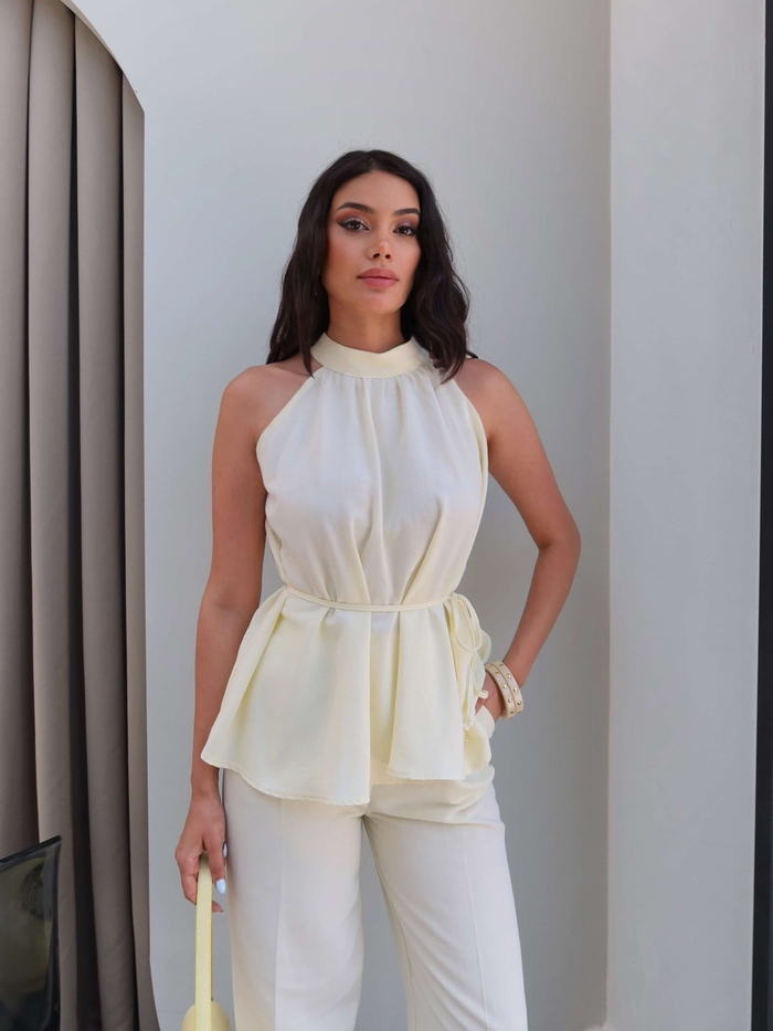 Halter Yaka Kuşaklı Bluz Pantolon Takım