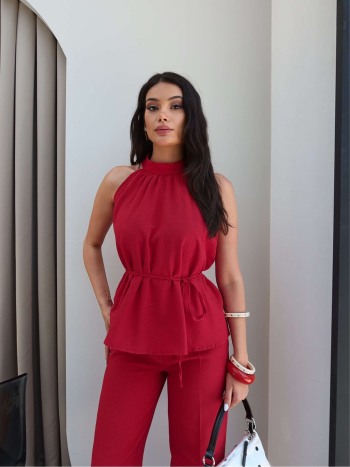 Halter Yaka Kuşaklı Bluz Pantolon Takım