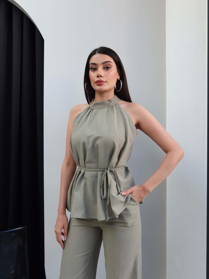 Halter Yaka Kuşaklı Bluz Pantolon Takım