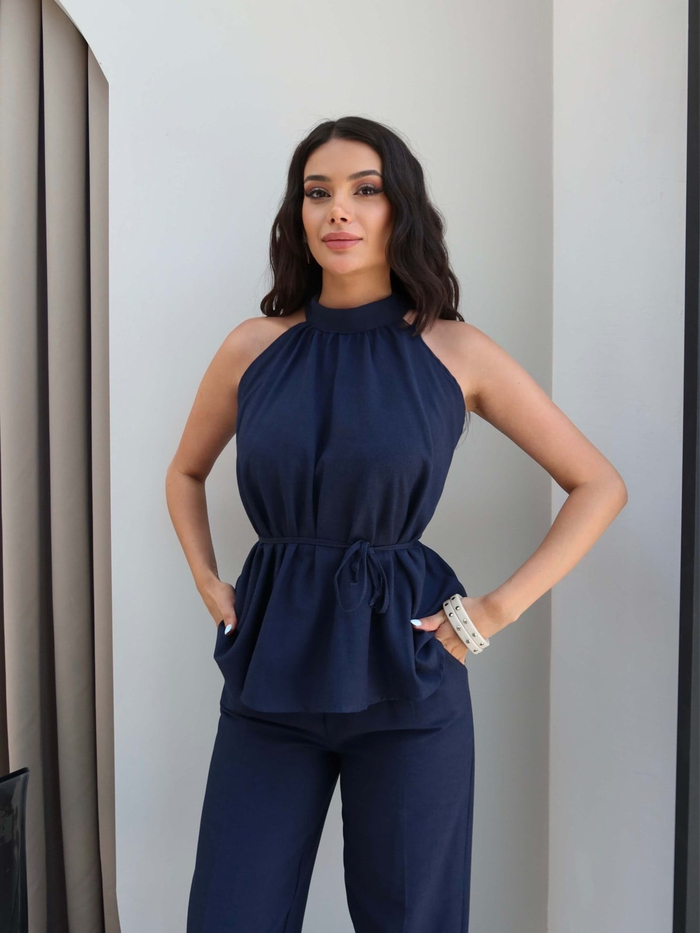 Halter Yaka Kuşaklı Bluz Pantolon Takım