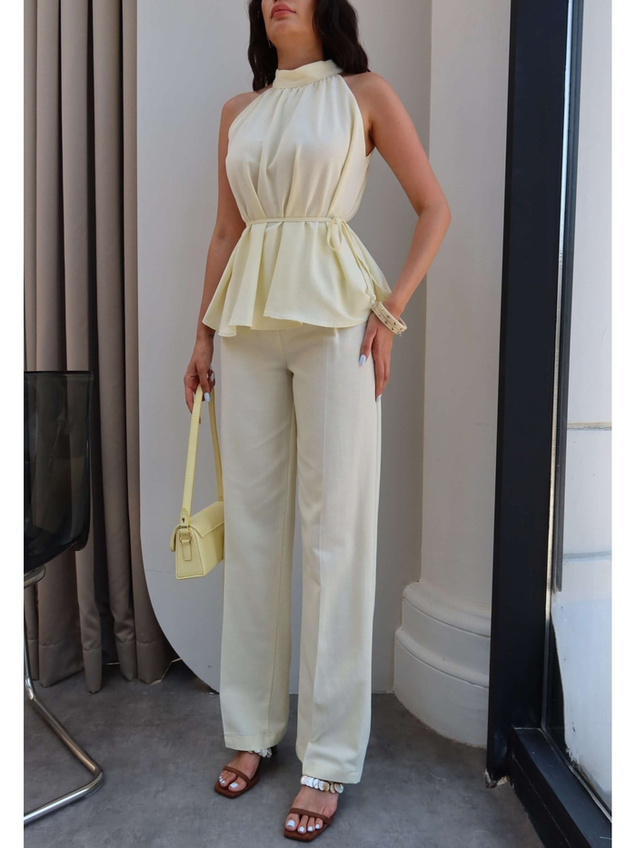 Halter Yaka Kuşaklı Bluz Pantolon Takım