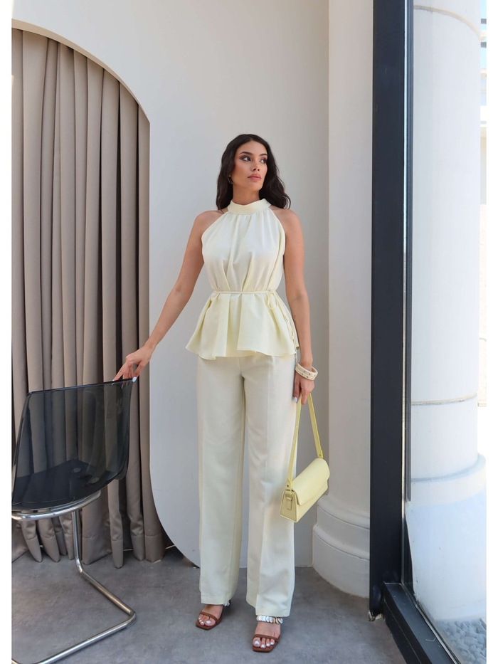 Halter Yaka Kuşaklı Bluz Pantolon Takım