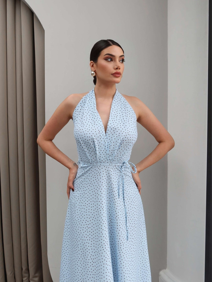 Halter Yaka Kuşaklı Midi Elbise