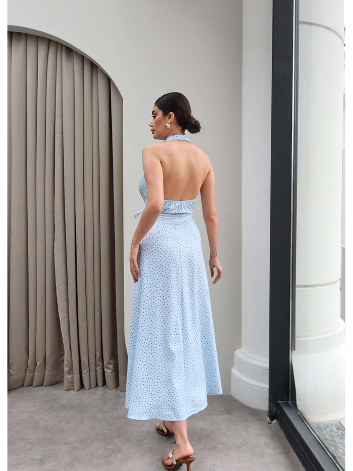 Halter Yaka Kuşaklı Midi Elbise