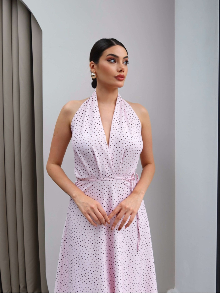 Halter Yaka Kuşaklı Midi Elbise