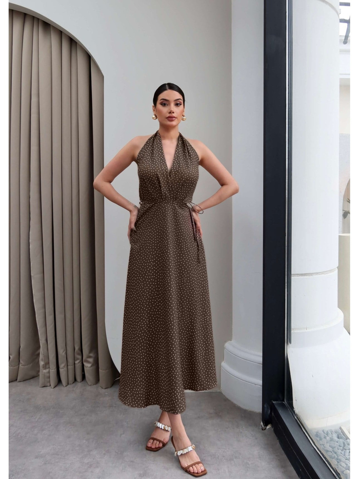 Halter Yaka Kuşaklı Midi Elbise