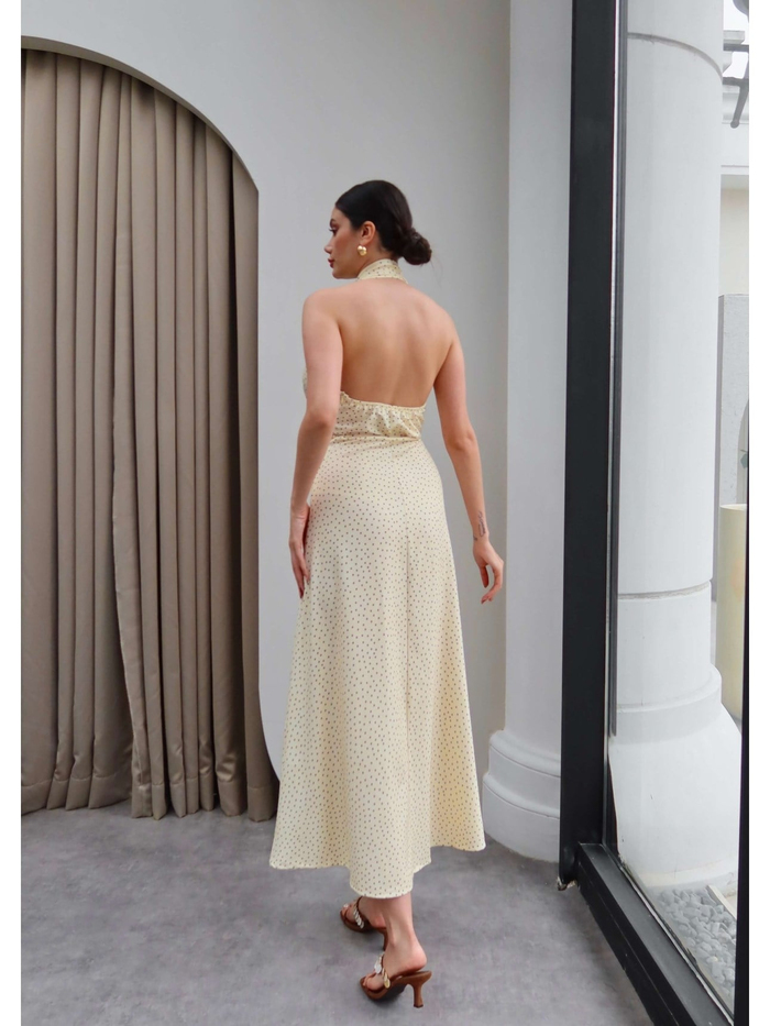 Halter Yaka Kuşaklı Midi Elbise