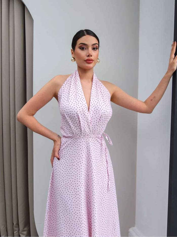 Halter Yaka Kuşaklı Midi Elbise