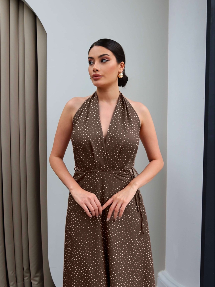 Halter Yaka Kuşaklı Midi Elbise