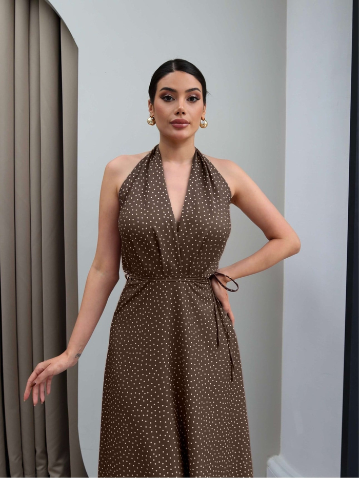 Halter Yaka Kuşaklı Midi Elbise