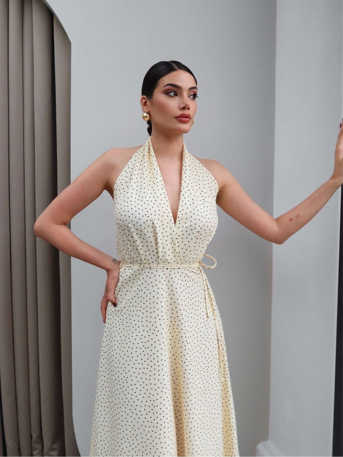 Halter Yaka Kuşaklı Midi Elbise
