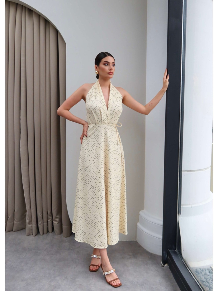 Halter Yaka Kuşaklı Midi Elbise