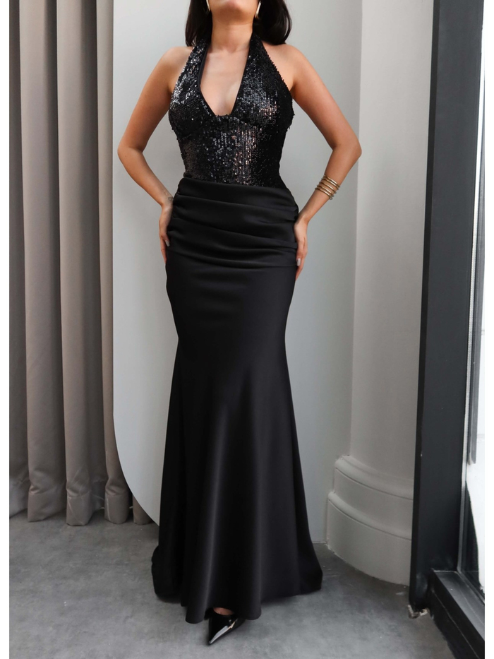 Halter Yaka Payetli Maxi Elbise