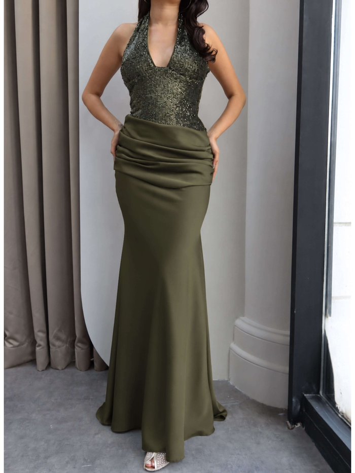 Halter Yaka Payetli Maxi Elbise
