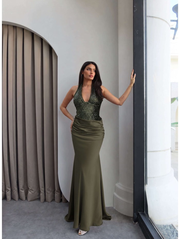 Halter Yaka Payetli Maxi Elbise