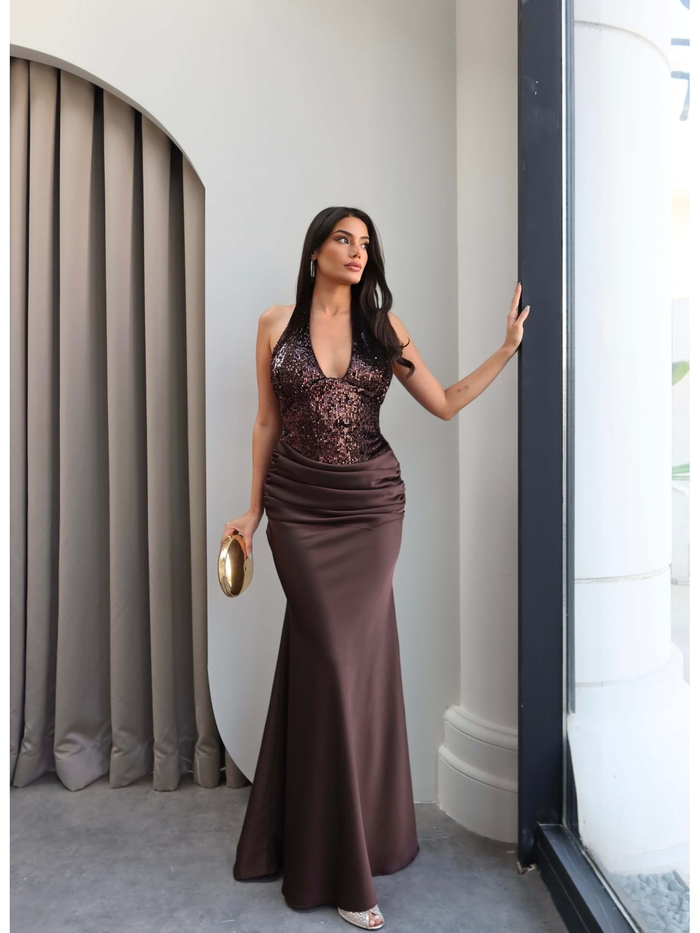 Halter Yaka Payetli Maxi Elbise