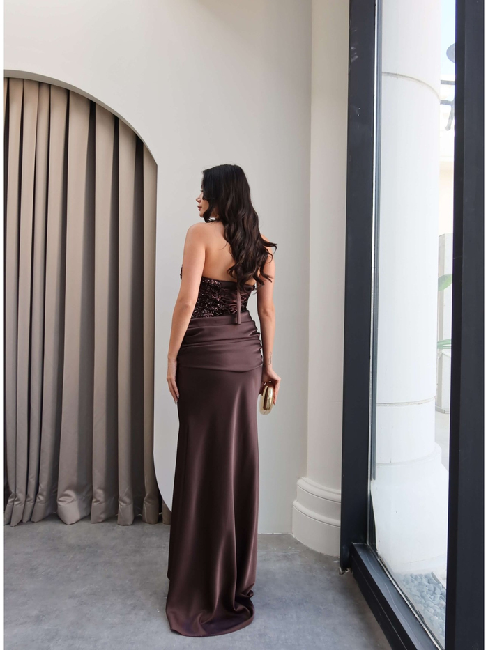 Halter Yaka Payetli Maxi Elbise