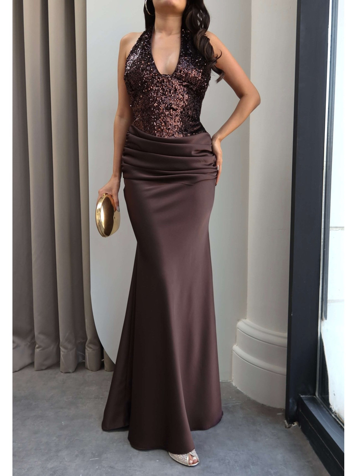 Halter Yaka Payetli Maxi Elbise