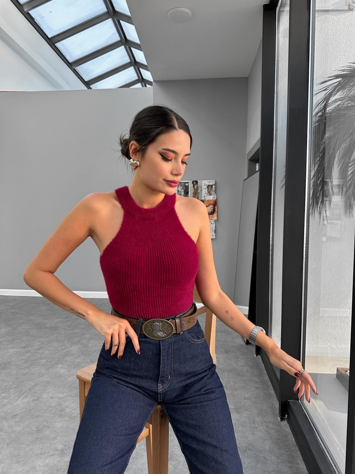Halter Yaka Peluş Bluz