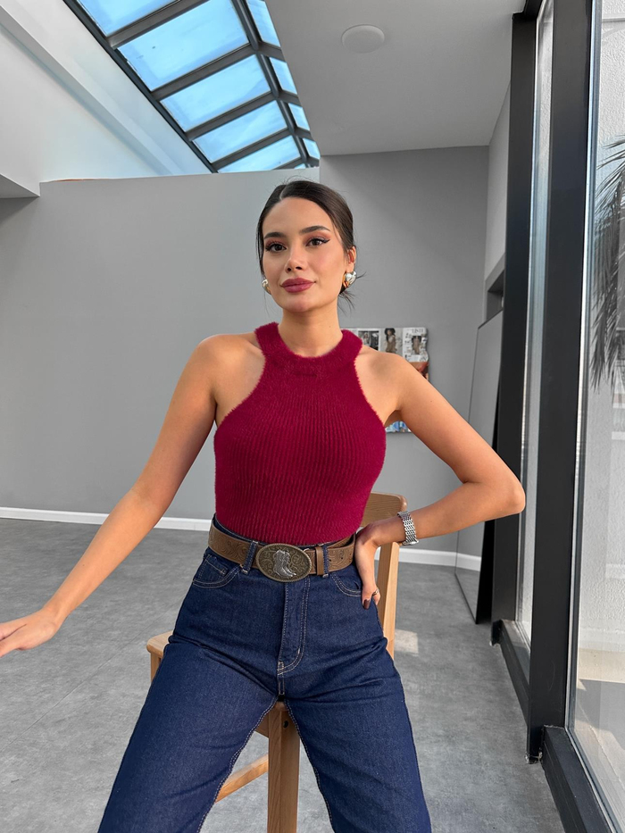 Halter Yaka Peluş Bluz