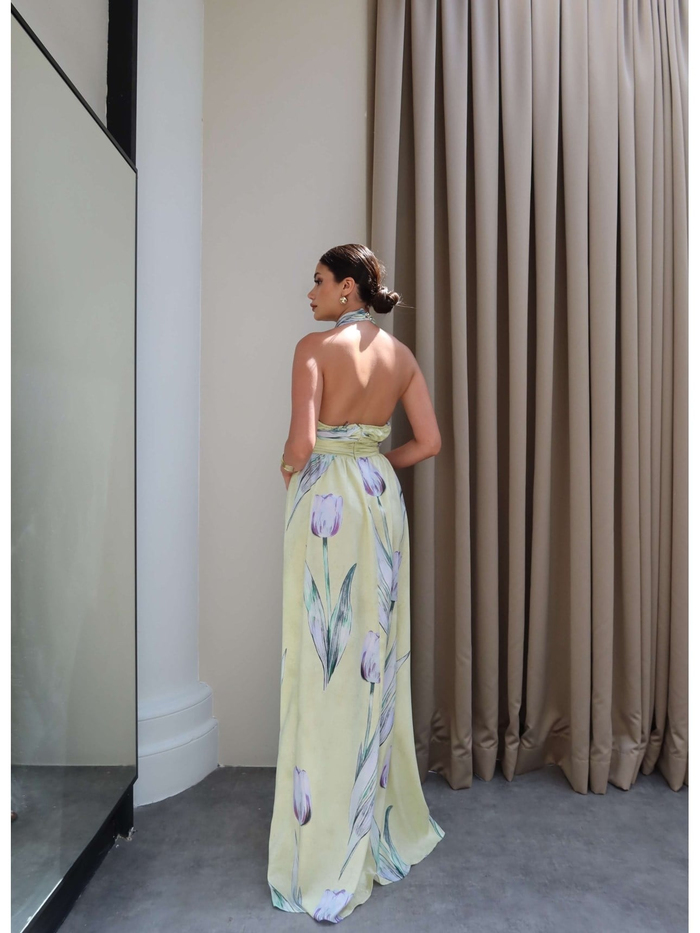 Halter Yaka Sırt Açık Çiçekli Elbise