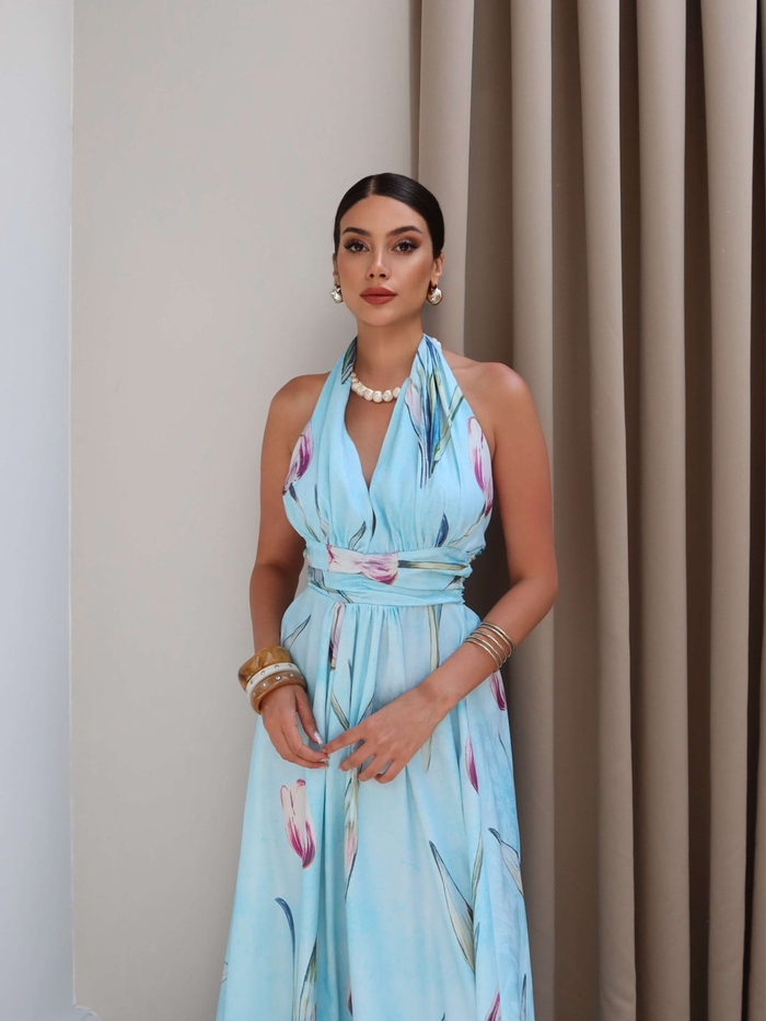 Halter Yaka Sırt Açık Çiçekli Elbise