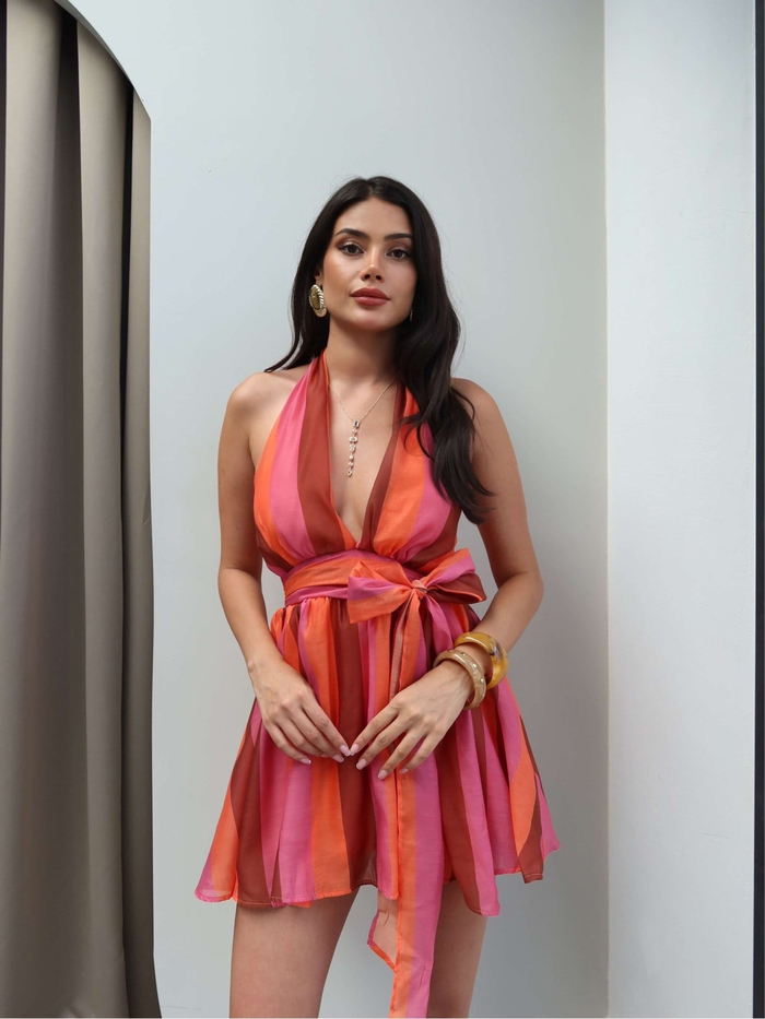 Halter Yaka Yan Bağlamalı Şifon Elbise