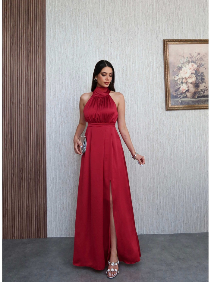Halter Yaka Yırtmaçlı Saten Elbise