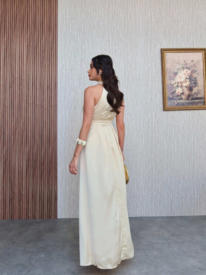Halter Yaka Yırtmaçlı Saten Elbise